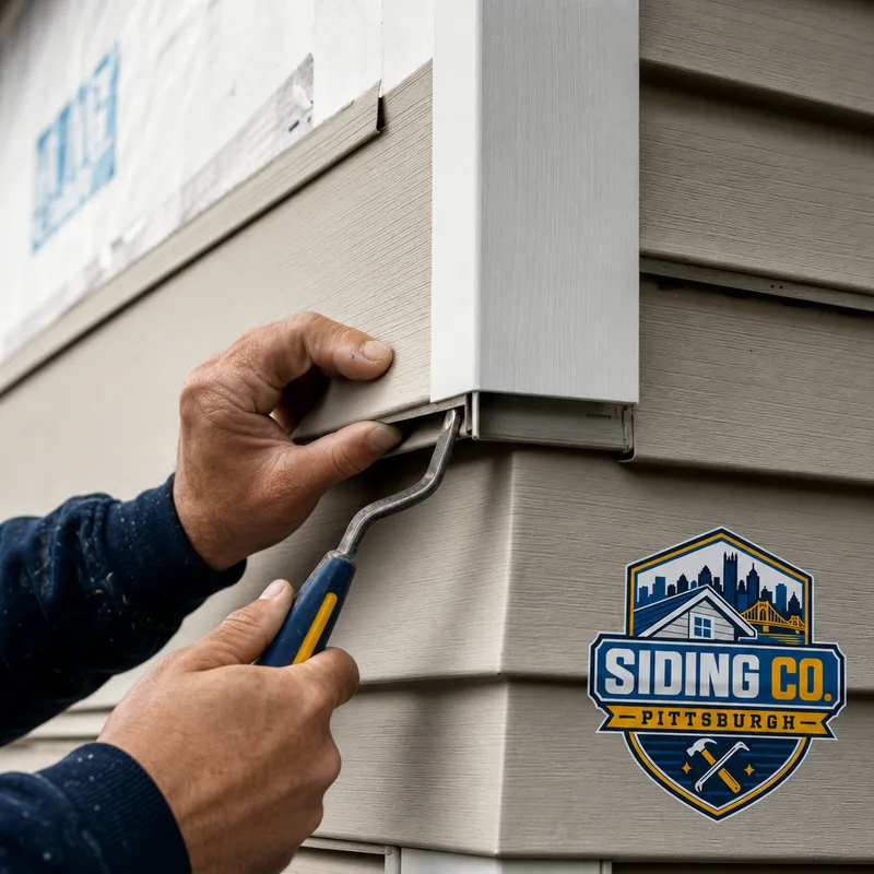 Hands re-seating a vinyl siding panel with a siding removal tool at a corner and J-channel transition