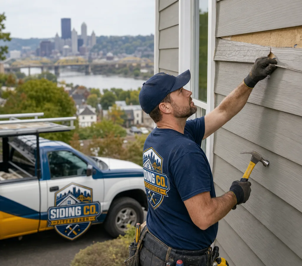 Technician repairing a loose exterior siding panel on a Pittsburgh home with tools neatly staged nearby