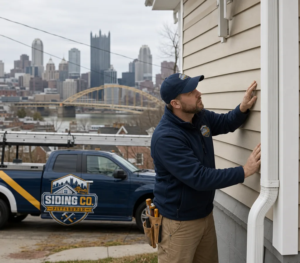 Contractor inspecting siding, corners, trim, and a downspout on a Pittsburgh home