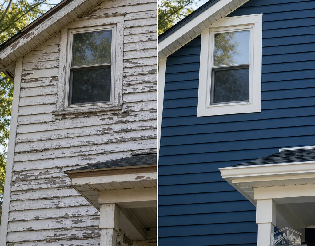 Before-and-after view of a Pittsburgh home with worn siding replaced by straight new courses and updated window trim