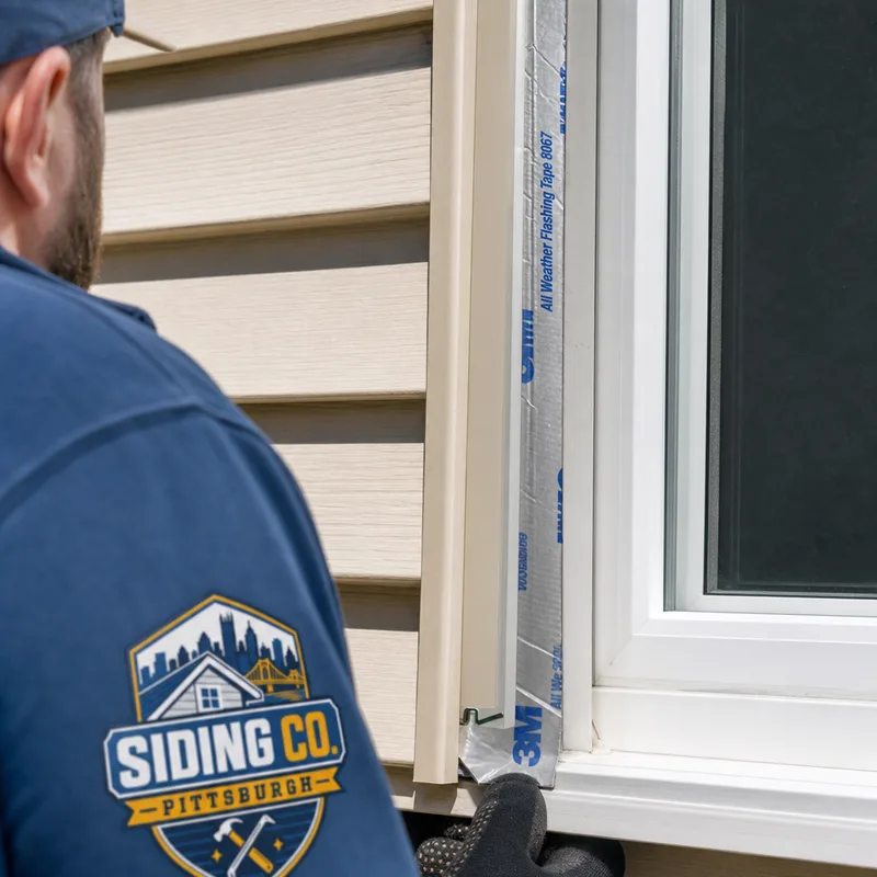 Close-up of properly installed siding around a window with integrated flashing tape, straight trim, and clean finish details