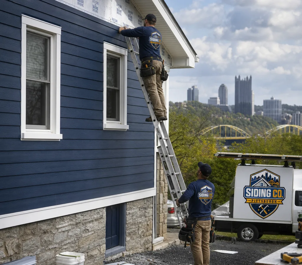 Crew installing new siding on a Pittsburgh-area home with straight courses, properly flashed windows, and an organized jobsite