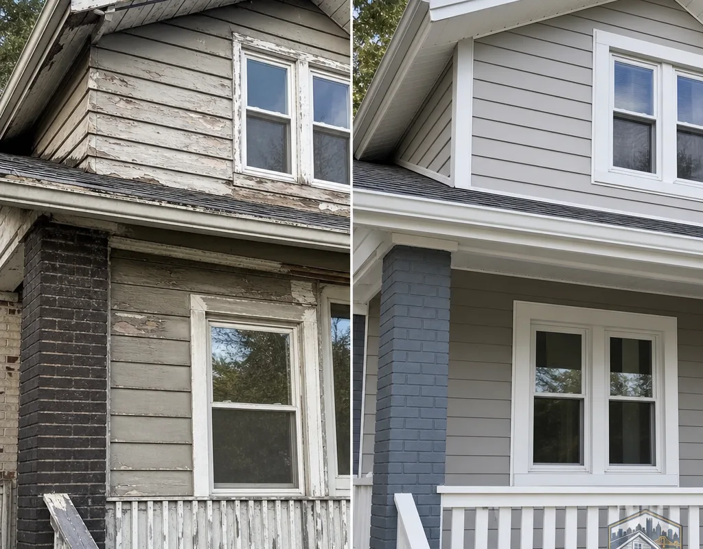Before-and-after Pittsburgh home elevation with deteriorated siding replaced by straight new courses and clean corner posts