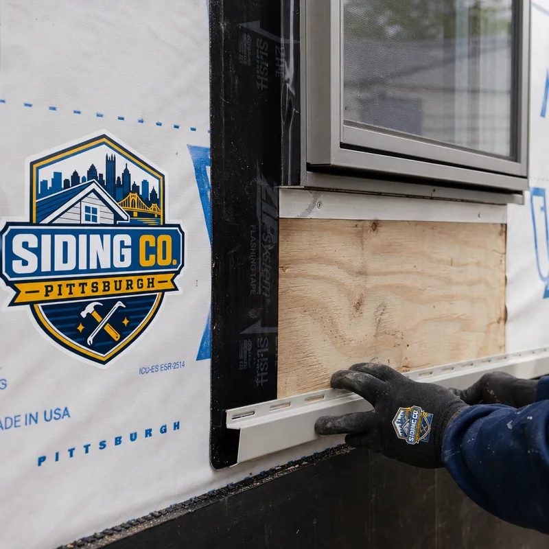 Siding replacement wall assembly with repaired sheathing, overlapping housewrap, window flashing tape, and aligned starter strip