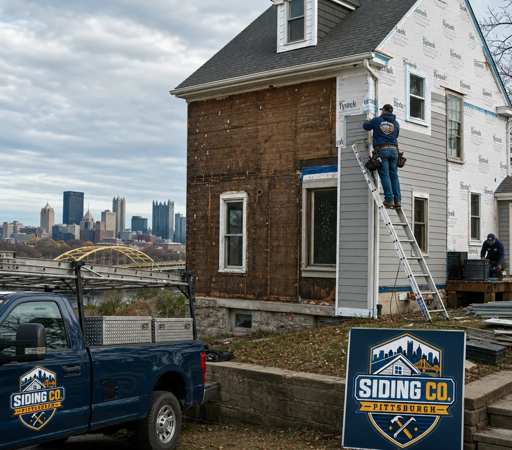 Pittsburgh home with old siding removed and new siding being installed over visible housewrap and flashing