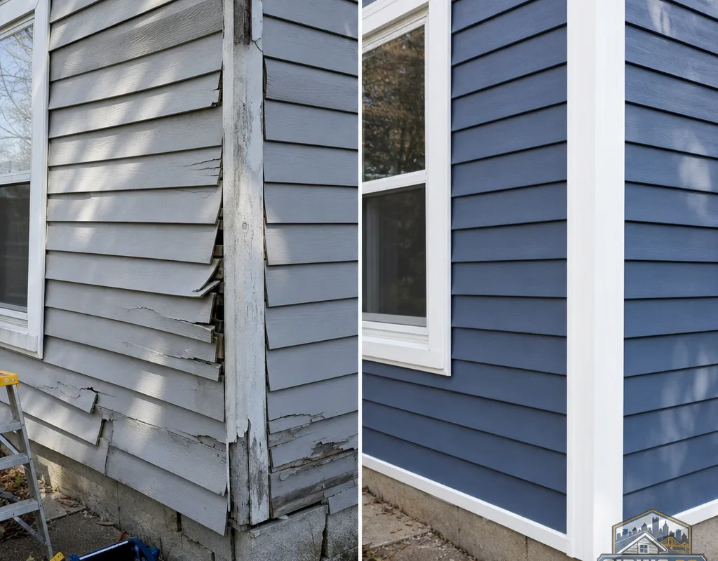 Before and after comparison showing loose cracked siding transformed into aligned siding with clean corner trim