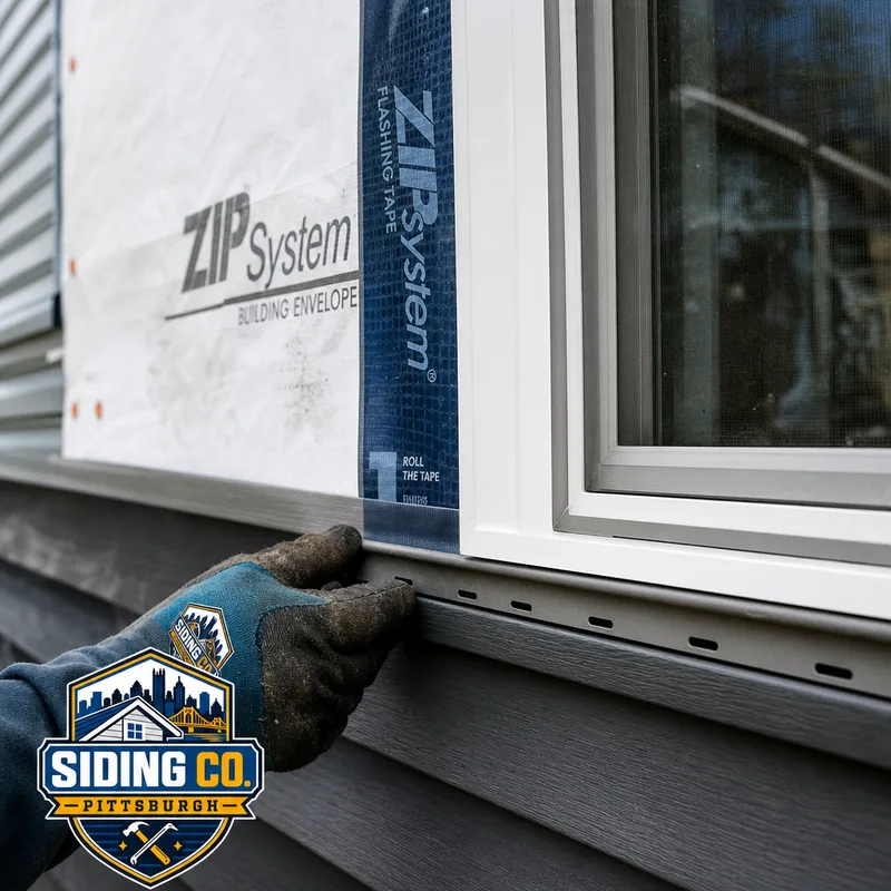 Properly installed housewrap, window flashing tape, J-channel, and straight siding courses at a trimmed window opening
