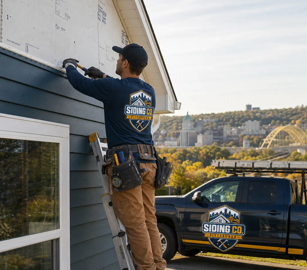 Installer on a ladder fastening new exterior siding on a Pittsburgh-area home with aligned courses and starter strips visible