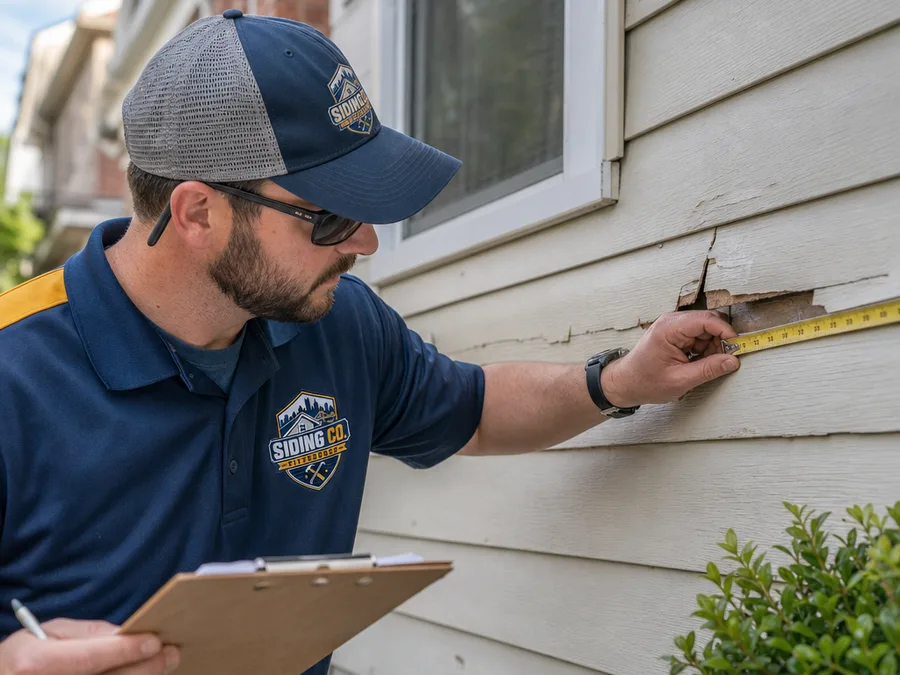 Technician measuring damaged siding and documenting flashing and trim near a window