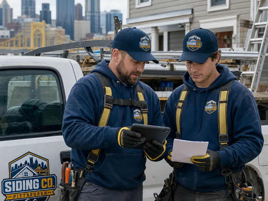 Two-person siding crew reviewing measurements and materials beside a work truck at a Pittsburgh jobsite